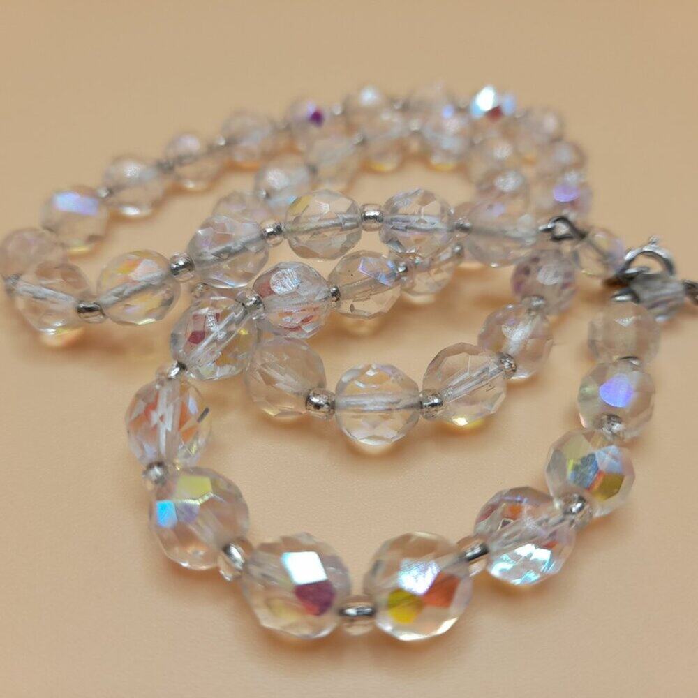 Vintage Clear Fire Polished Czech Bead Necklace, 19 Inch, 8mm AB Clear Crystal
